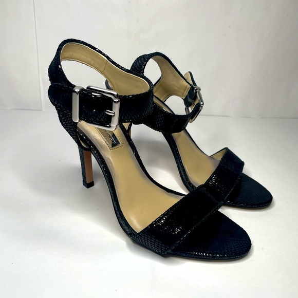 INC International Concepts Shoes - INC International Concepts Black Sequin Buckle Open Toe Stiletto Heels